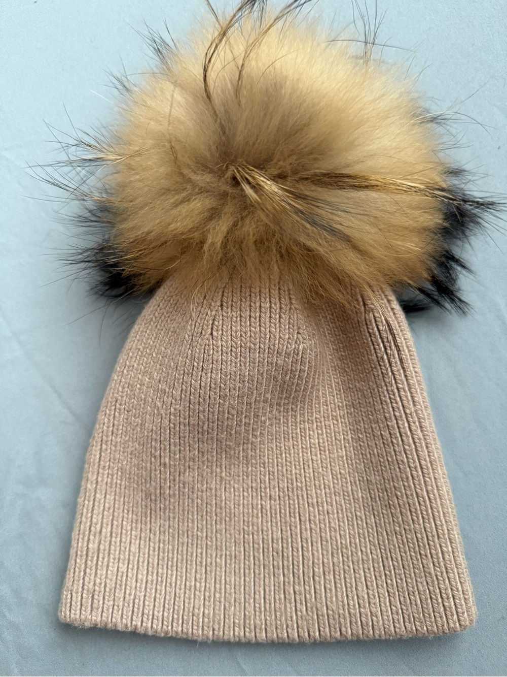 MiLoves Pink-Beige Knit Beanie with Faux Fur Pom